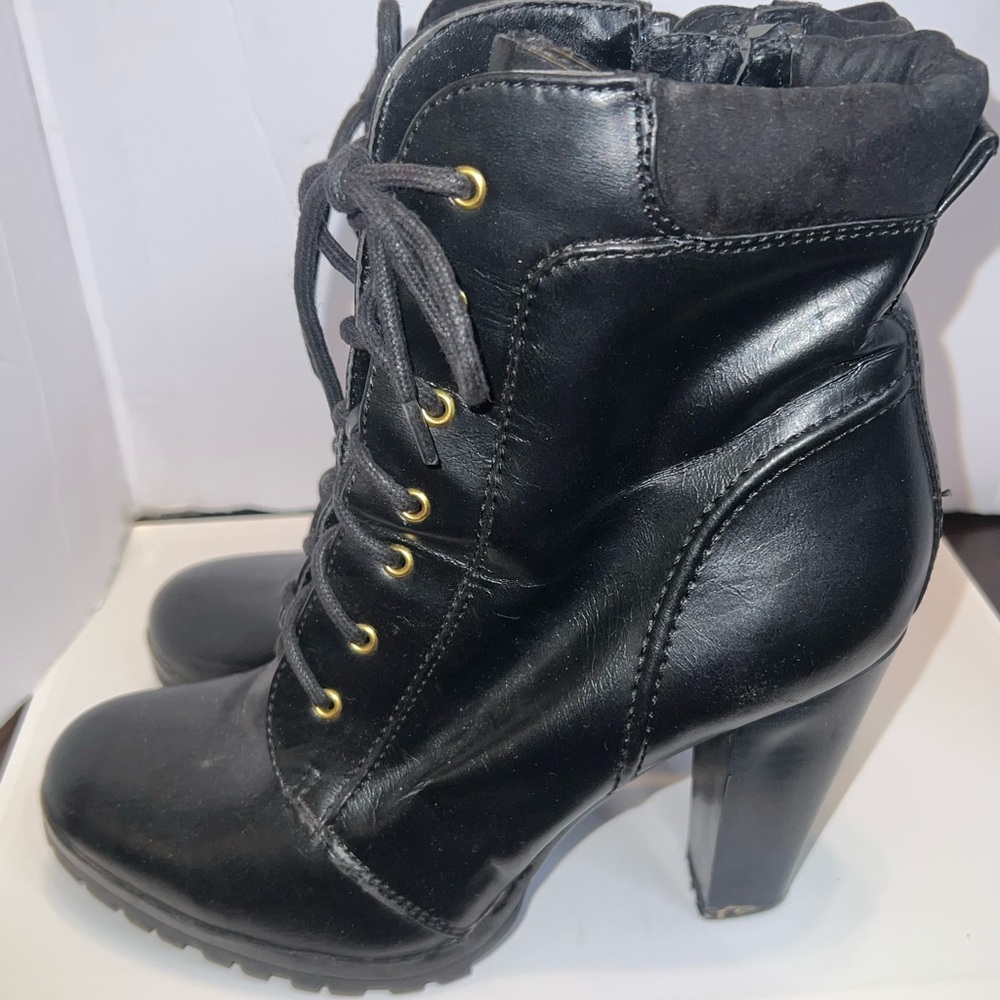 Womens‎ Black Lace Up Ankle Boots with Heel, Gold Accents, Stylish Fashion